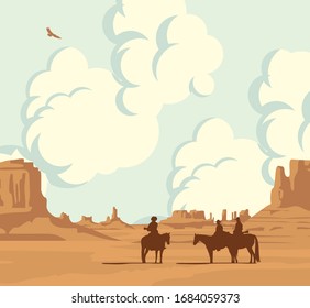 Vector landscape with desert American prairies, cloudy sky and silhouettes of cowboys on horseback. Decorative illustration on the wild West theme. Western vintage background