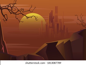 Vector landscape. Desert city, sunset