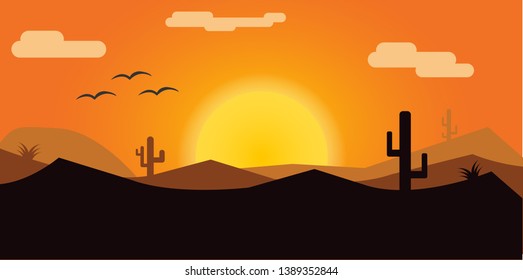 Vector landscape of desert. Sunset. Orange evening sky. Cactus silhouettes.