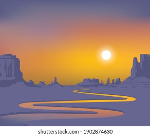 Vector Landscape With Desert Valley, Mountains And Winding River At Sunset Or Sunrise. Western Scenery Illustration. Decorative Background On The Theme Of The Wild West.