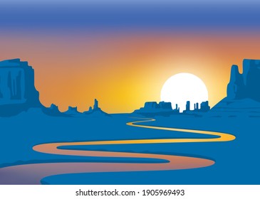 Vector Landscape With Desert Valley, Mountains And Winding River At Sunrise Or Sunset. Decorative Background On The Theme Of The Wild West Nature. Western Scenery Illustration