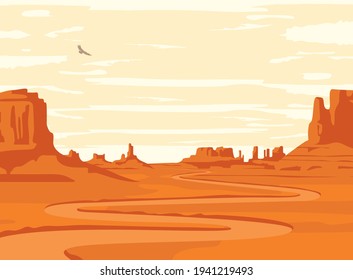 Vector landscape with deserted valley, mountains, winding dirt road and flying hawk in the sky. Decorative illustration on the theme of the Wild West nature. Hot western scenery in retro style