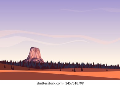 Vector landscape of Devils Tower or Bear Lodge Butte in Wyoming, USA. Famous natural landmark for tourism and climbing. Flat style background with copy space for text, website design