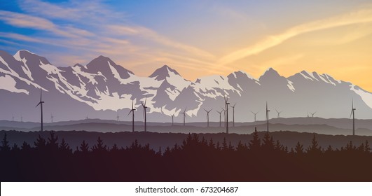 Vector landscape with distant turbines of a wind farm in natural environment. Silhouette of high mountain ridge in morning light. Many modern windmills over the forest, green energy of the future