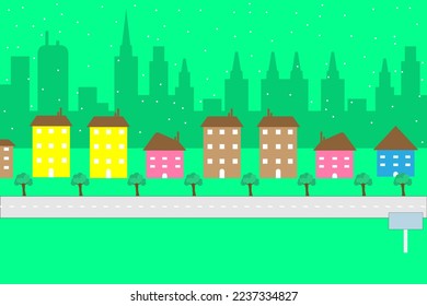 Vector paisaje centro y apartamento con ciudad de carretera nevada detrás de fondo verde