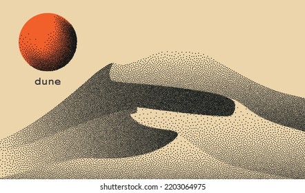 Vector landscape of dune in dotwork style. Stipple illustration design. Old retro dot texture vintage gradient. Pointillism graphic. Grain terrain wallpaper. svg