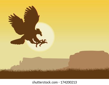 Vector landscape with an eagle against the sun and mountains