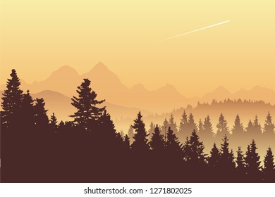 Vector landscape, early morning in the mountains, silhouettes of trees in light haze, view of beautiful nature