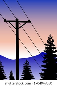 Vector Landscape of Electric pole, Mountains and trees with cool background