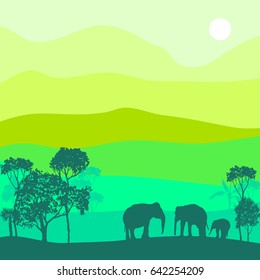 vector landscape with elephants, exotic background for banner or cover design, hand drawn illustration