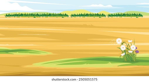 vector landscape of empty land plot with pine trees and clear sky background