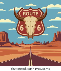 Vector landscape with an empty straight road on sandy wasteland. US Historic Route 66. A road sign with a skull of bull on the background of an American desert with mountains and an endless highway