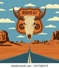 Vector Landscape With An Empty Straight Road On Sandy Wasteland. US Historic Route. A Road Sign With Skull Of Bull On Background Of An American Desert With Mountains And An Endless Highway