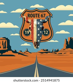 Vector landscape with an empty straight road on sandy wasteland. US Historic Route. A road sign with skull bull with USA flag on background of an American desert with mountains and an endless highway