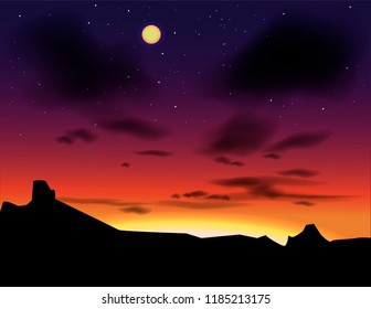 Vector landscape with evening skies. Sunset as a background. Hand drawn paysage nightfall.