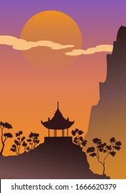 Paisaje vectorial: puesta de sol por la noche, siluetas de montaña y colina, siluetas de árboles y un puerto oriental. EPS10.
