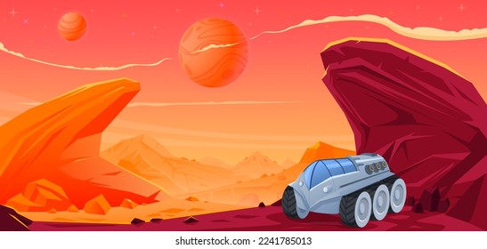 The vector landscape of a fantastic red planet with a machine drawn by hand.