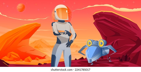 A vector landscape of a fantastic red planet with a star ship and a woman astronaut painted by hand.