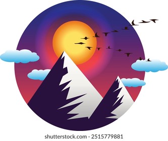 Paisaje de Vector con montañas, sol y nubes