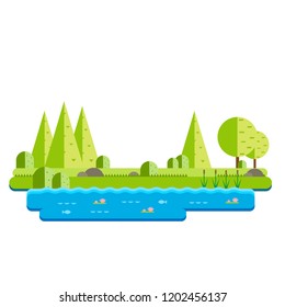 Vector of a landscape of a field with a lake with plants and fish.