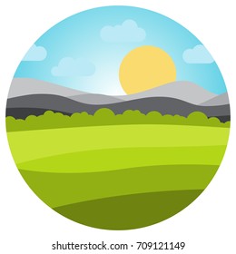 Vector landscape with field and mountains in circle. . Early morning with the rising of the sun on the horizon. Vector illustration.

