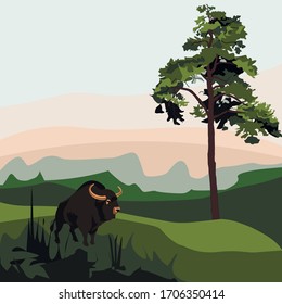 
Vector landscape of fields with bison in calm colors

