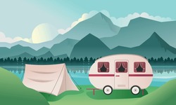 Vector Landscape. Flat Illustration Of Camping In Nature. Mobile Home With A Tent By The River.