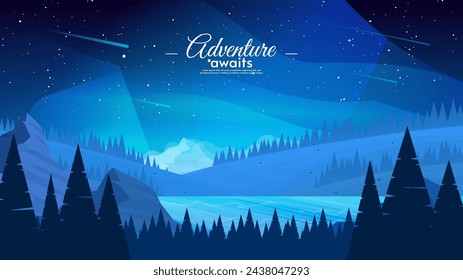 Vector landscape, flat style design. Beautiful aurora borealis with starry sky. Mountains with forest and river. Design for banner, wallpaper, background. 