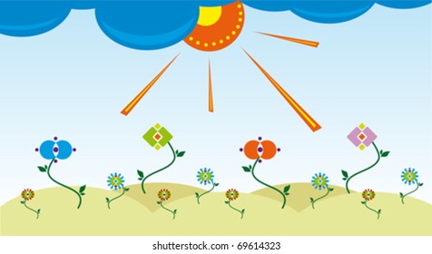 Vector landscape with flower meadow in the sun
