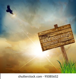 Vector landscape with a flying eagle on a background of the rising sun and a wooden sign pointing