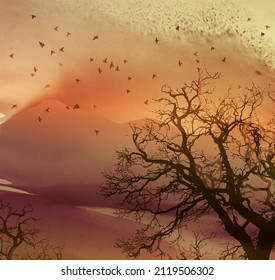 Vector landscape with a flying flock of birds on a background of mountains. watercolor effect	

