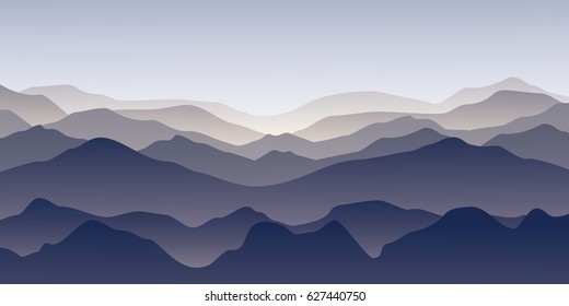 Vector Landscape of Foggy Blue Mountains.Range of Mountains and Hills Illustration.