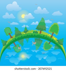 Vector landscape with forest and lake. Illustration of green trees, blue sky, sun and birds