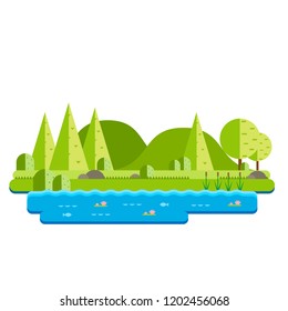 Vector of a landscape of a forest with a lake with plants and fish.