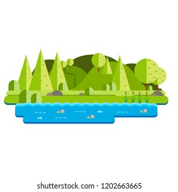 Vector of a landscape of a forest with a lake with plants and fish.