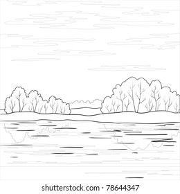 Vector, landscape: forest, river and sky with clouds, contour