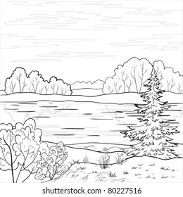 Vector, landscape: forest, river and sky with clouds, contour