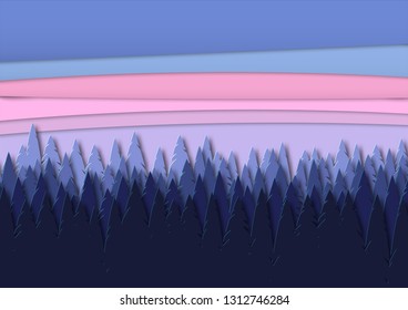 Vector landscape with forest silhouettes before sunrise. Beautiful illustration of sunset, untouched nature. Outdoor scene from national park, nature reserve, nature reserve
