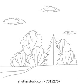 Vector, landscape: forest with trees and sky with clouds, contours