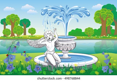 Vector landscape with a fountain and a sculpture of an angel near the river