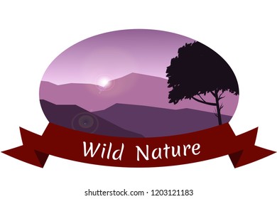 Vector landscape in the frame, a graphic design element for creation of the label.Perfect for sticker, label, emblem and logo. Labels with the image of tree,mountains,sunrise,violet view.
