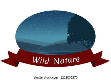 Vector landscape in the frame, a graphic design element for creation of the label.Perfect for sticker, label, emblem and logo. Labels with the image of tree, hills,night,stars,river, lake, sea.