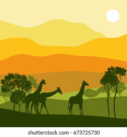 vector landscape with giraffes, hot african exotic background for banner or cover design, hand drawn illustration