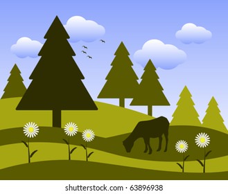 vector landscape with grazing goat on flowery meadow