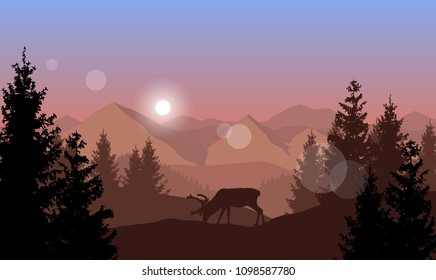 Vector landscape with grazing reindeer in a forest in front of mountains in red sunset.