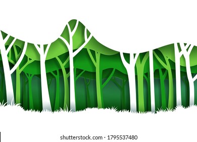 Vector landscape with green eco forest plantation. Background of landscape paper art style, eps 10 vector.