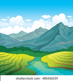 Vector landscape - green field, river and mountains on a cloudy blue sky. Natural summer illustration. 