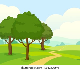 Vector landscape. Green field with trail, trees, blue sky with clouds, sunny day