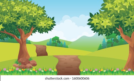 Vector landscape with Green field, Trees, mountain, blue sky and clouds, beautiful and lovely nature illustration