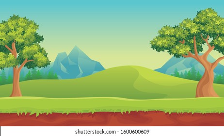 Vector landscape with Green field, Trees, mountain, blue sky and clouds, beautiful and lovely nature illustration